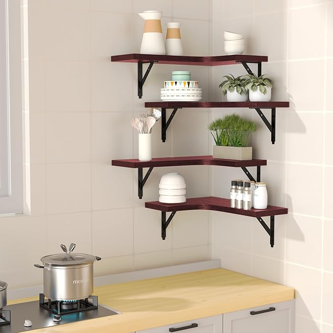 Corner Floating Shelves Wall Mounted Set of 4, Rustic Wood Storage Display Wall Shelves for Home Decor, Bathroom, Kitchen, Bedroom, Living Room, Office (Red)