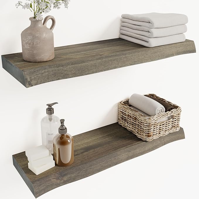 24" Acacia Live Edge Floating Shelves Set of 2 - Wall Mounted Wooden Shelf for Stylish Home Décor - Mocha Color 24x7.5x1.5 Inches
