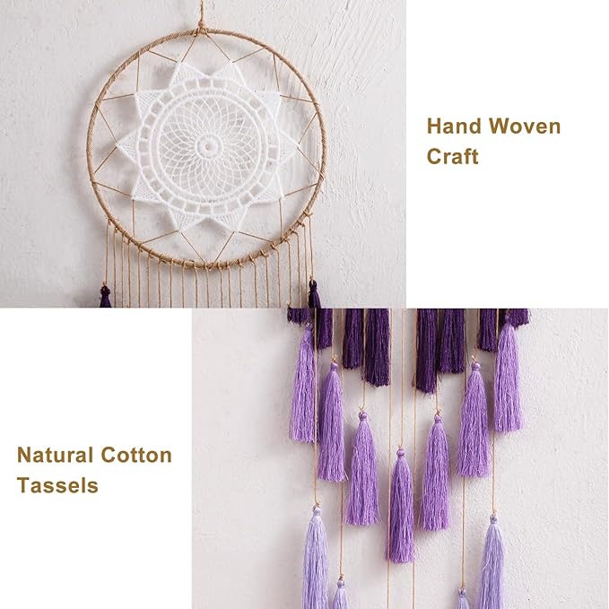 Artilady Macrame Dream Catchers for Bedroom - Tassel Wall Hanging Handmade Dreamcatchers Home Decor with Tassel Feather Ornament Craft Blessing Gift (Purple)