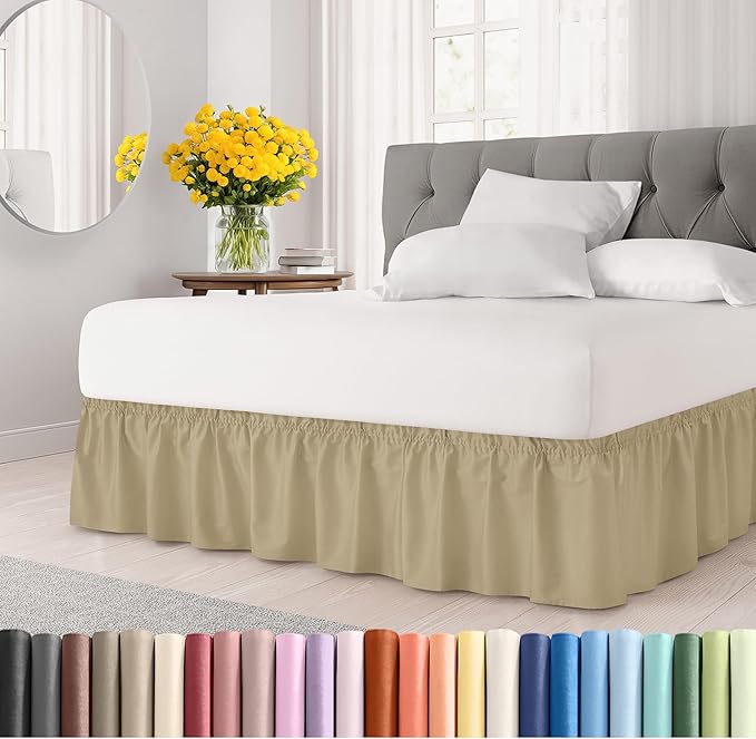 Wrap Around Dust Ruffle Bed Skirt - Beige - for King Size Beds with 12 Inch Drop - Easy Fit Elastic Strap - Adjustable Pleated Bedskirt w/Brushed Fabric - Wrinkle Free - for Women, Men, Kids & Teens