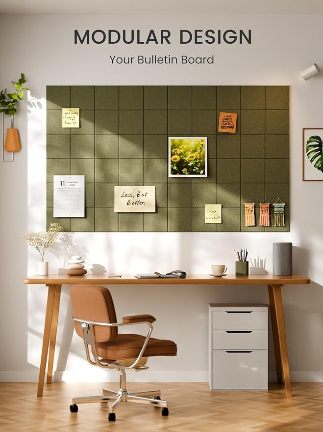 Bumusty Large Felt Bulletin Board, 36" x 24" Cork Board Alternative, 6-Pack Wall Tiles with 4-Compartment Design, 30 Push Pins, 40 Adhesive Tabs, Ideal for Office & Home Decor, Olive Green
