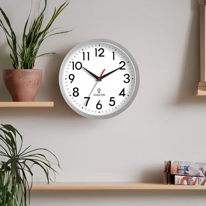 Atomic Wall Clock Analog 12 Inch Battery Operated Modern Decorative for Living Room Kitchen Office Bedroom Bathroom(Silver)