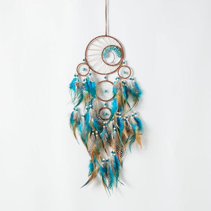 Pretty Jolly Brown Blue Feather Large Dream Catchers Wall Decor with Chakras Tree of Life Crystal Stone Ornament Handmade Dreamcatchers for Adult Boys Girls Bedroom Party Birthday Bless Gift-5Rings