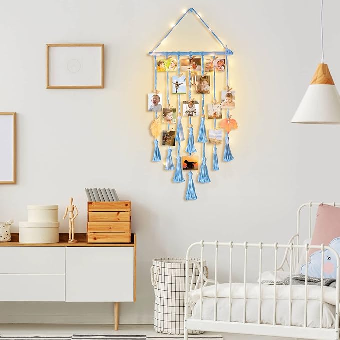 Homecor Hanging Photo Display Wall Decor, Blue Macrame Hanging Boho Room Bedroom Decor, Picture Frame Collage with Light & 30 Clips, Christmas Teenage Teen Girl Gifts Ages 10 11 12 13 14 Years Old