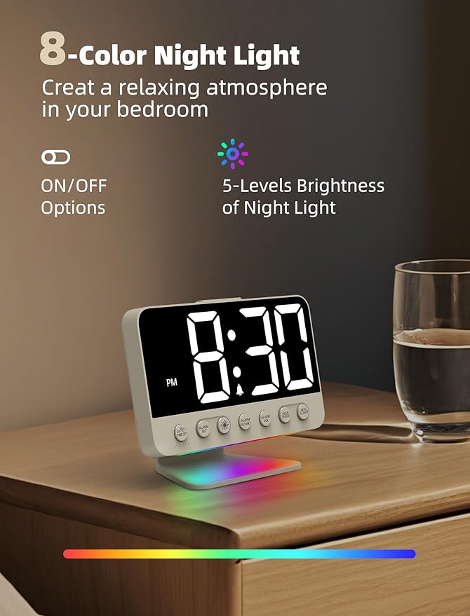 Digital Alarm Clocks for Bedrooms: Large Bold Number 5 Brightness Dimmer - Easy to Read Across The Room - 5 Alarm Sound 8 Night Light - Putty