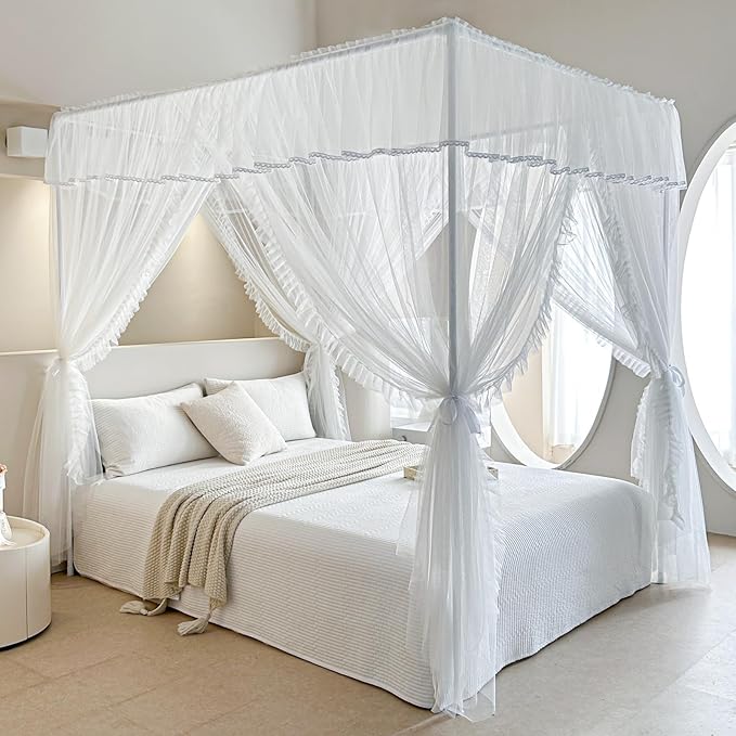 AIKASY 4 Corners Post Ruffle Princess Bed Canopy Curtain - Double Layer Cozy Drape Netting with 4 Openings - Elegant Mosquito Net for Girls and Adults Bedroom Decoration (White, Queen)