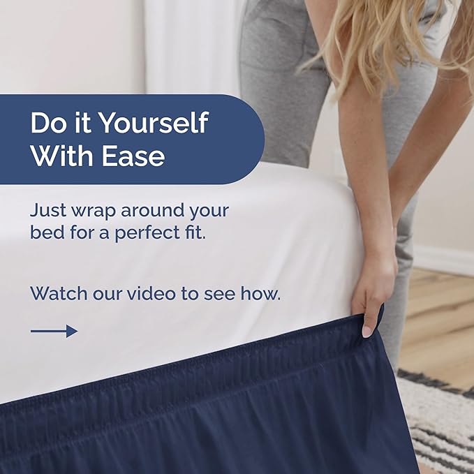 Wrap Around Dust Ruffle Bed Skirt - Navy Blue - for King Size Beds with 18 Inch Drop - Elastic Strap - Adjustable Pleated Bedskirt with Brushed Fabric and Wrinkle Free - for Women, Men, Kids & Teens