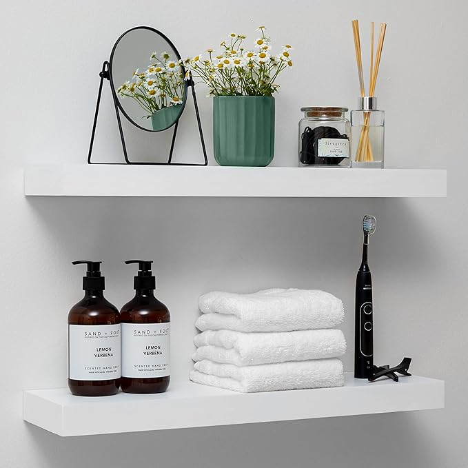 Homeforia White Floating Shelves 24 inch, High End Solid Real Wood 24inch Bathroom Floating Shelf for Wall Mounted, White Wooden 24in Floating Shelves, Heavy Duty Bracket, 24 X 6.5 X 1.75 in, Set of 2
