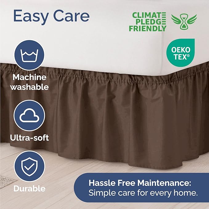 Wrap Around Dust Ruffle Bed Skirt - Brown - for King Size Beds with 21 Inch Drop - Easy Fit Elastic Strap - Adjustable Pleated Bedskirt w/Brushed Fabric - Wrinkle Free - for Women, Men, Kids & Teens