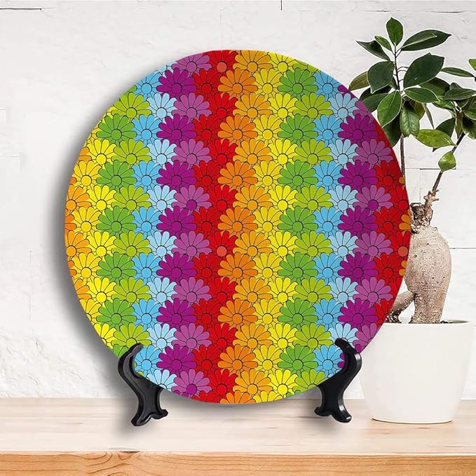 Ceramic Plates, Floral Decorative Ceramic Plates, Vibrant Flowers in Rainbow Colors Striped Repeating, 6 Inch, Household Plates Decorative, Multicolor