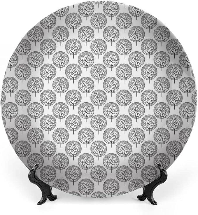 Decorative Plates, Floral Print Ornament, Tree Pattern with Leaves Inside Circles Monochrome Mother, 6 Inch, 1 Plate with 1 Display Stand, Grey White