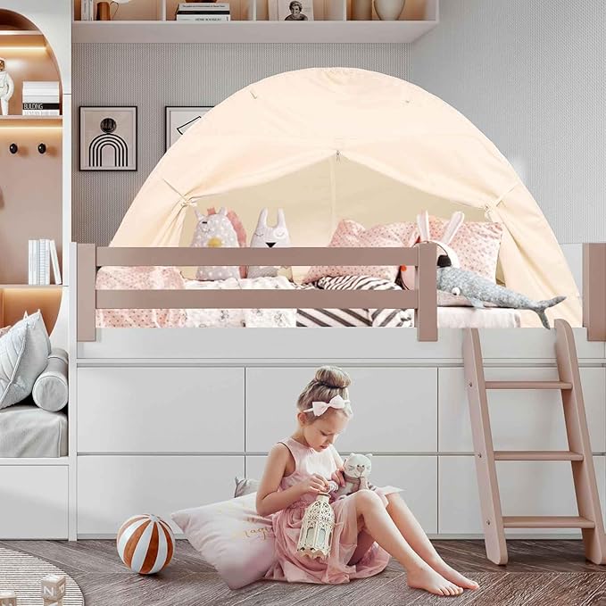 Bed Tent for Kid Twin Size Bed Canopy,Breathable Privacy Space Sleeping Drafty Room Dream Tents Indoor Play Tent Kid Sleep Tent（Beige,Twin）