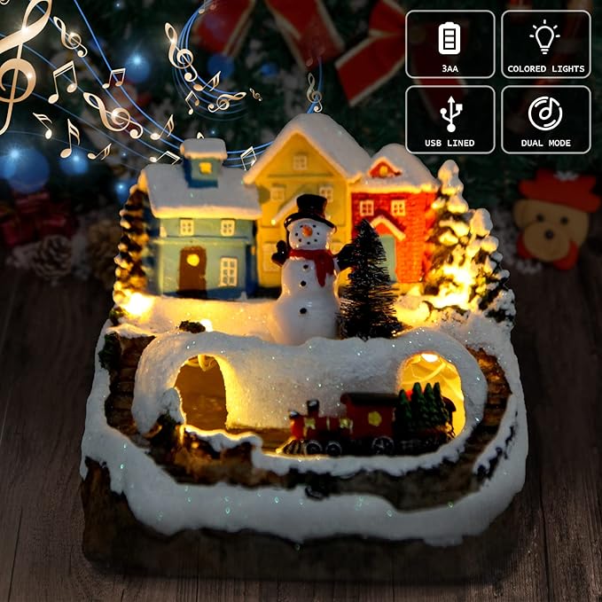 Christmas Decorations Village House Resin Collectible Building Figurines Revolving Train Musical Snow Globe 8 Music for Vintage Christmas Decor (Snow Man)