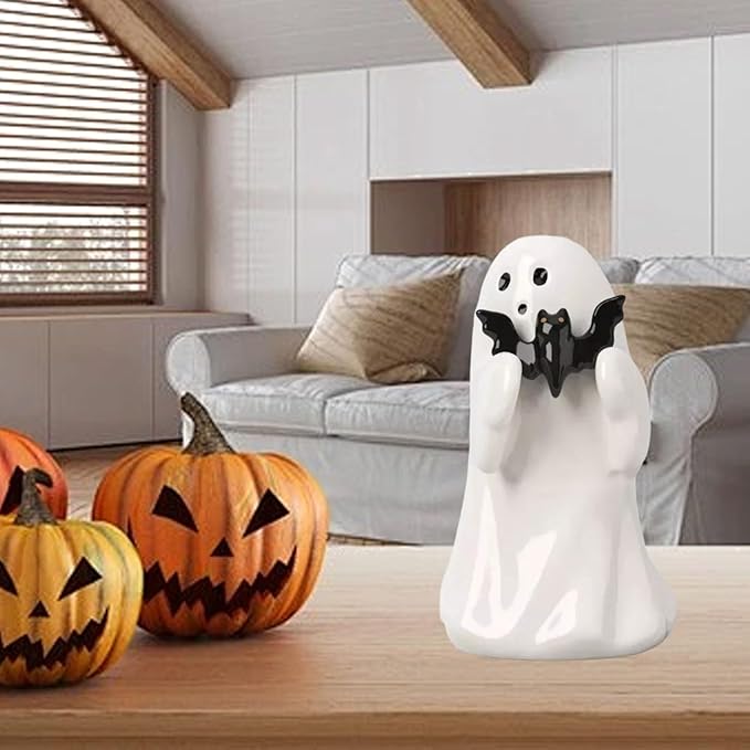 Halloween Ghost Figurine with Holding Bat, Funny Resin Ghost Statue Halloween Decor for Bookshelf, Terrace, Bedroom,Porch and Tabletop