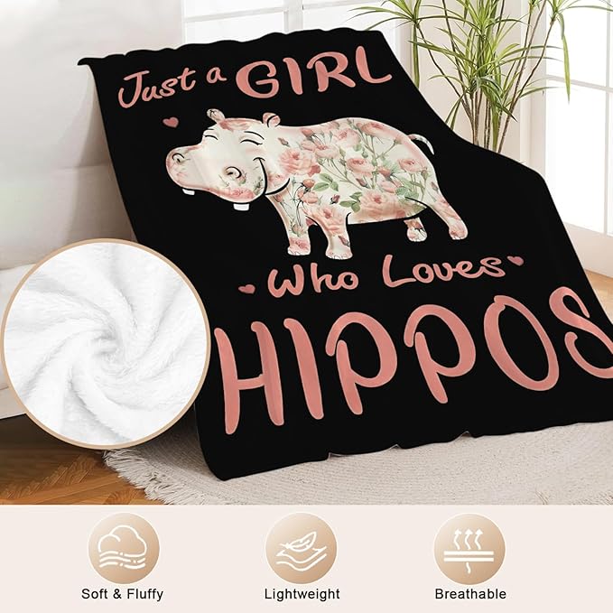 Hippo Blanket for Girls Women Just A Girl Who Loves Hippos Gifts Throw Blanket Lightweight Fuzzy Cozy Plush Flannel Fleece Blankets for Bed Decor 60"x80"