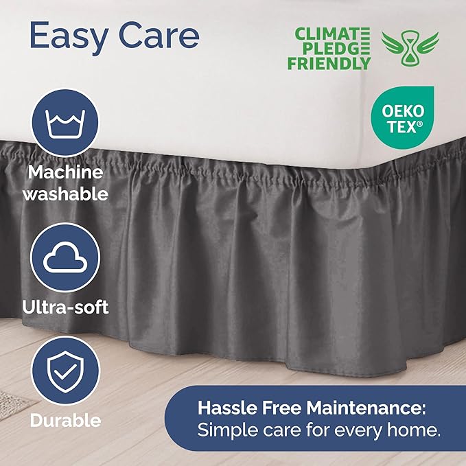 Wrap Around Dust Ruffle Bed Skirt - Dark Grey - for King Size Beds with 18 Inch Drop - Elastic Strap - Adjustable Pleated Bedskirt with Brushed Fabric and Wrinkle Free - for Women, Men, Kids & Teens