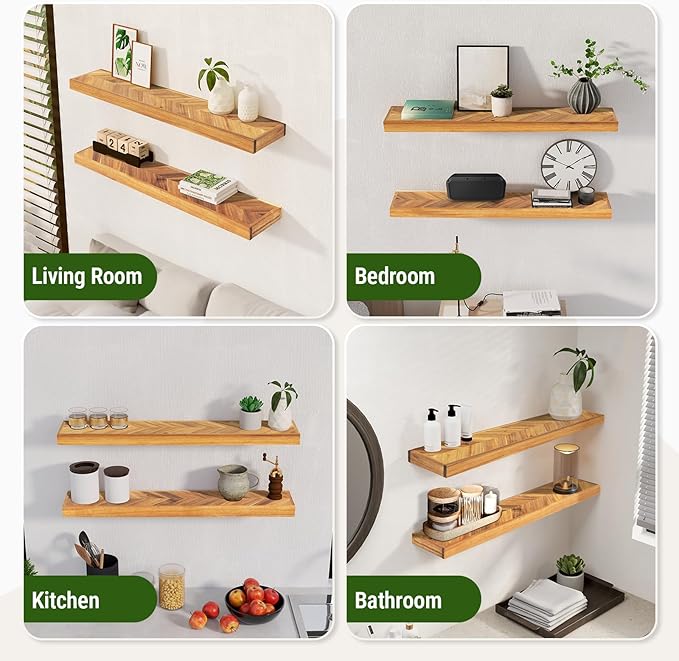 48" Rustic Farmhouse Floating Shelves – Set of 2 Acacia Wood Shelves for Stylish Wall Decor in Kitchen, Bathroom, and Office, Unique Chevron Pattern, 48x8x1.5 Inches - Set of 2 - DIY