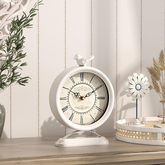 Vintage Table Clock with Bird, European Antique Style White Mantel Clocks, Desk and Shelf Decor Clock, for Farmhouse, Bedside, Living Room, Bedroom, Gift (9" H x 6.5" W)