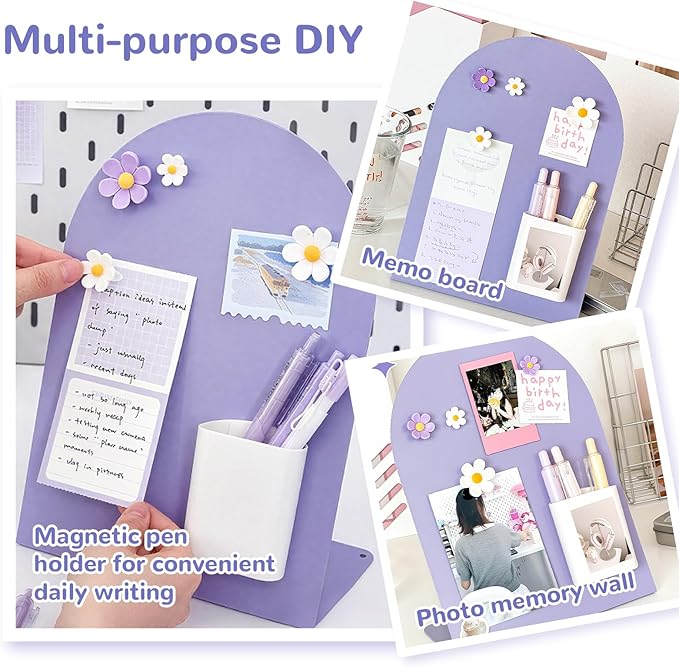 Desk Magnetic Message Board, Metal Bulletin/Memo Board with Magnetic Pen Holder and Flower Pins with Stand, Souvenir/Photo Display Board for Home, Office, Dormitory, Apartment, 8 * 11Inch