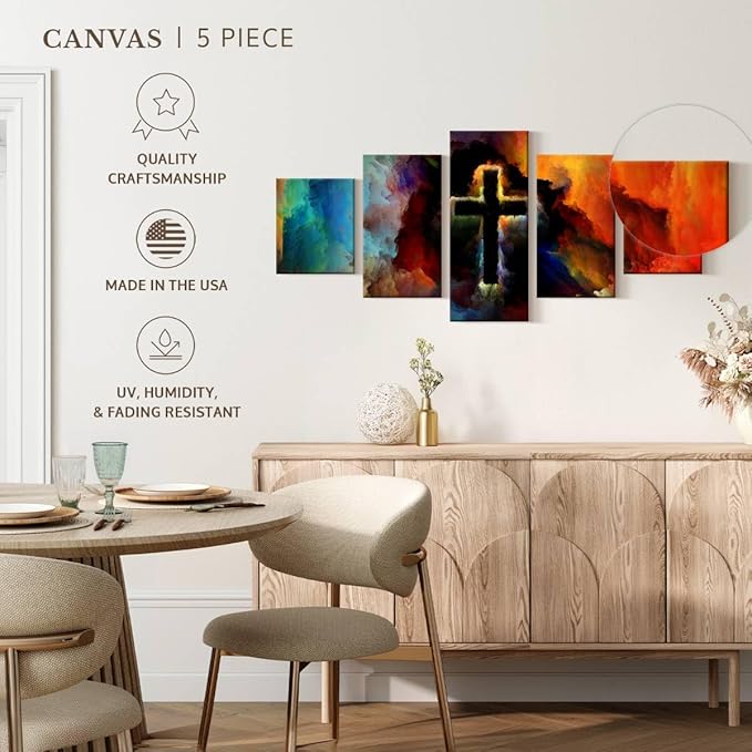 Elephant Stock Colorful Cross Wall Art Multi Piece Canvas - 5 Panel Christian Pictures Decor - Digital Design Canvas Print - Christian Wall Decor - 42" X 19"