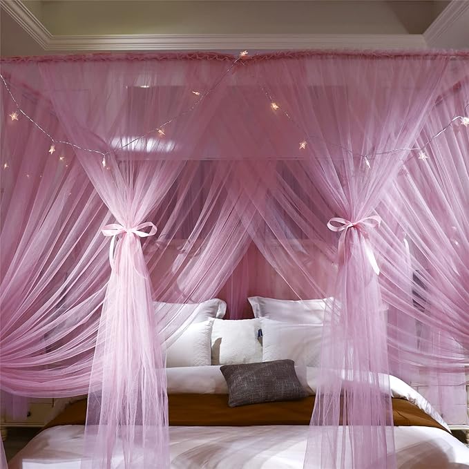 VETHIN 4 Corners Post Princess Bed Canopy Curtain Double Layer Cozy Drape Netting 4 Opening Mosquito Net for Girls & Adults Bedroom Decoration Accessories (Double Pink, 53" W*78" L*82"*H/(Full))