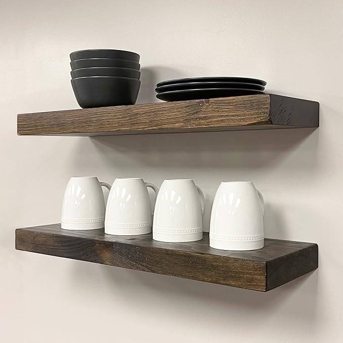 URBANDI, Rustic Floating Shelves, Set of 2, Hidden Bracket, Solid Wood, Heavy Duty, Wall Mounted Shelves, (Dark Brown, 36Wx6D)