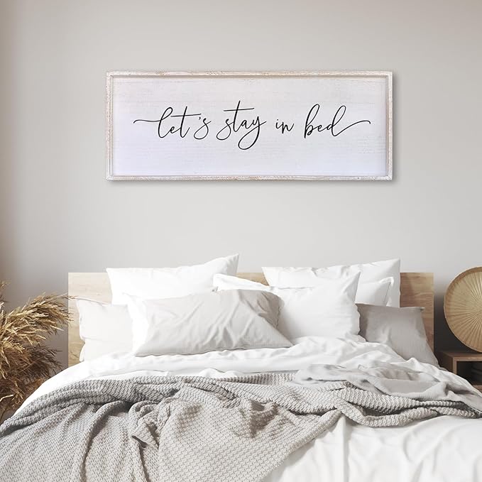 Surfapans Lets Stay In Bed Wall Decor 40”X15” Large Farmhouse Master Room Above Over Bed Rustic Guest Room Sign Beautiful And Simple Plaque Hanging Wall Art Decoration (White)
