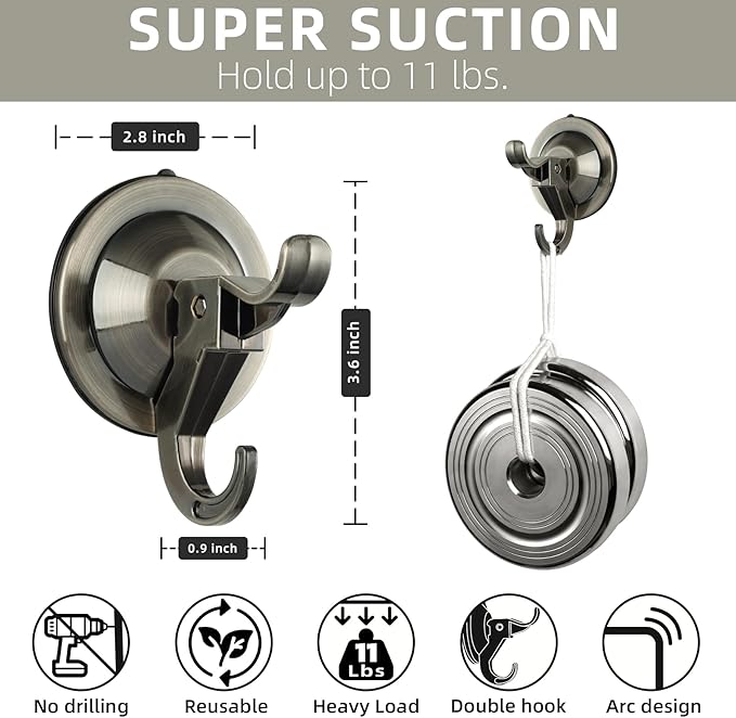 Suction Cup Hooks,5 Pack Reusable Suction Cup Hangers with Ultra-Thin Adhesive Disc on Smooth/Uneven Surfaces,Removable Large Suction Cups For Bathroom,Glass,Door,Windows,Kitchen (Vintage Copper)