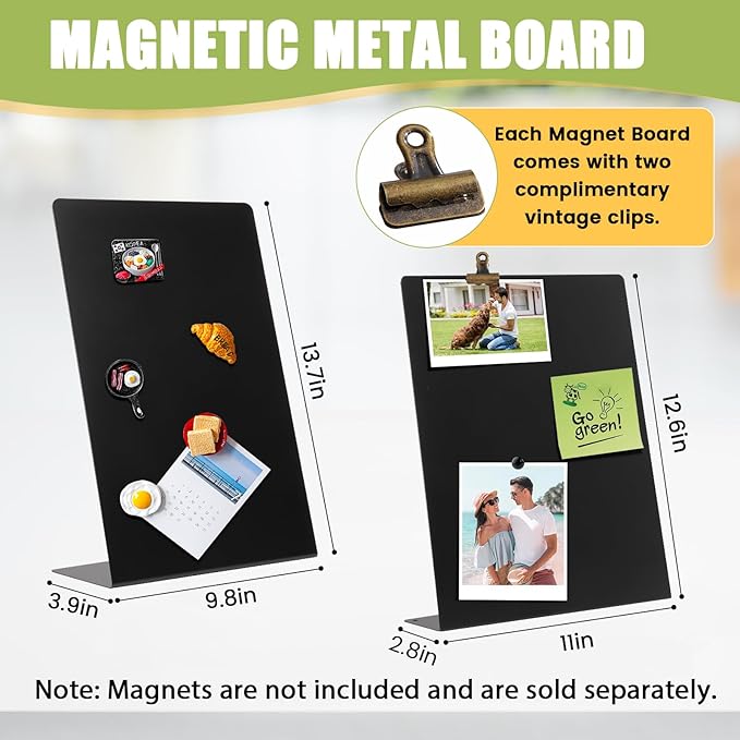Magnetic Display Board - Desktop Metal Memo Board for Notes & Photos, 11x9.8 Inch Small Black Magnetic Bulletin Board, Includes Clips for Office, Room Decor (9.8 * 13.7inch, Count, 1)