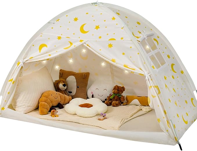 Twin Bed Tent for Kids, Twin Size Bed Canopy with Star Lights, Privacy Space Blackout Sleeping Tents, Indoor Breathable Portable Bunk Bed Tent for Boys and Girls, Light Moon & Stars