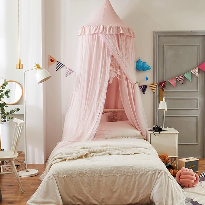 VETHIN Bed Canopy for with Lights,Double Layer Princess Round Dome Dreamy Mosquito Net Bedding Girls Room Castle Play Tent Hanging House Decor Reading Nook Canopies(Beige Pink/White)