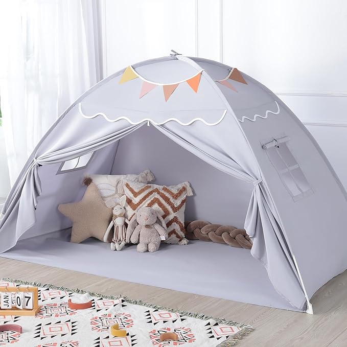 Sumbababy Toddler Bed Tent Canopy: Lights & Flags Indoor Floor Bed Kids Tent Playhouse - Foldable Twin Bunk Bed Curtains - Girls & Boys Bedroom Privacy Space Sleeping Tents Gifts (Large Gray)