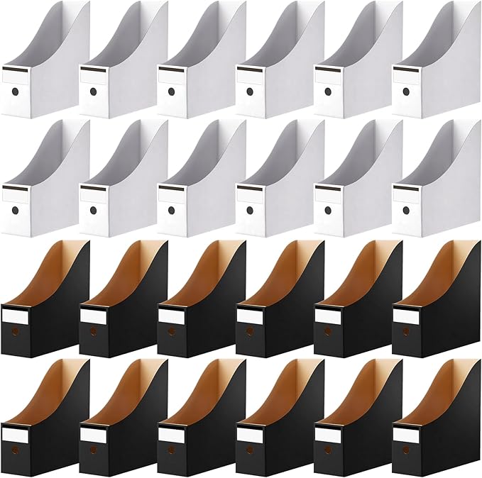 Thenshop 24 Pcs Cardboard Magazine File Holders Magazine Book Bin Box with Label Sticker Paper Organizer Storage Folder for Desk Shelves School Classroom Office Supplies (Classic,Black and White)