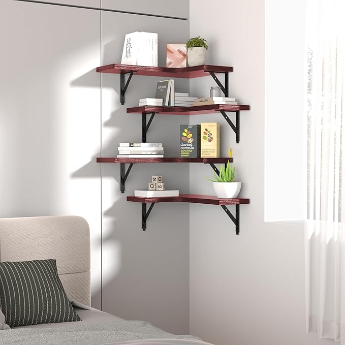 Corner Floating Shelves Wall Mounted Set of 4, Rustic Wood Storage Display Wall Shelves for Home Decor, Bathroom, Kitchen, Bedroom, Living Room, Office (Red)