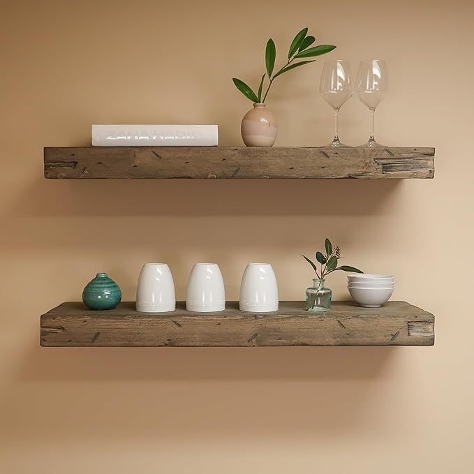 Urbandi Rustic Distressed Floating Shelves, Set of 2, Handmade Out of Pine Wood, 3 Inch Thick, Made in USA (Aged Barrel, 36Lx3Hx6D)