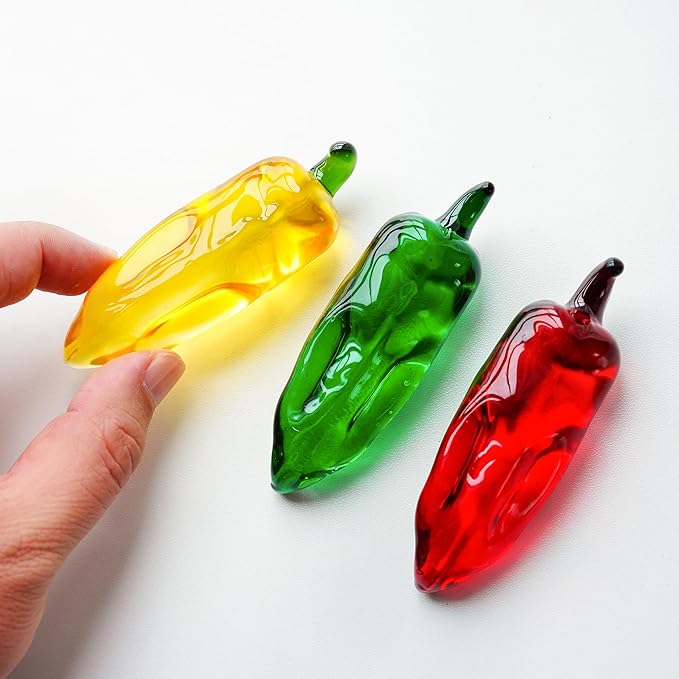 Set of 3 Glass Chili Miniature Figurines Fall Decorations for Home Crystal Fruits Vagetables Paperweights for Kitchen Tabletop Glass Christmas Centerpiece Decor