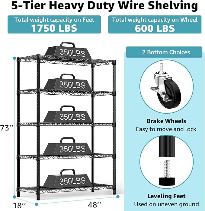 5-Shelf Storage Shelves,Wire Shelving Heavy Duty Metal Storage Shelving Unit Adjustable Garage Shelving Rack Pantry Kitchen (Black, 5 Tier,17.7" D x 47.2" W x 76.7" H)