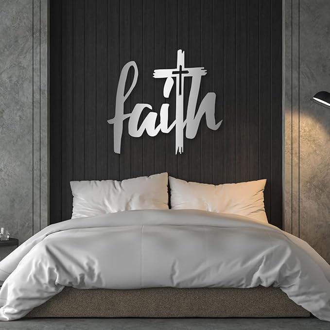Faith Cross Metal Wall Sign, Faith Metal Wall Decor, Christian Cross Wall Decor, Religious Art Wall Decor, Spiritual Wall Art, Metal Wall Art, Wall Decor for Living room, Church (32"x29" | 80x73cm, White)