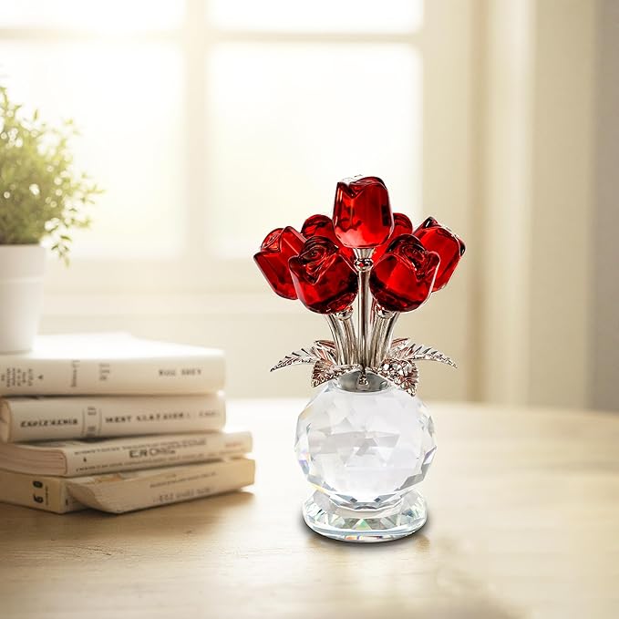 Crystal Red Rose Flower Collectible Figurine with Base Glass Rose Figurine Decor Paperweight Gift for Women Mom