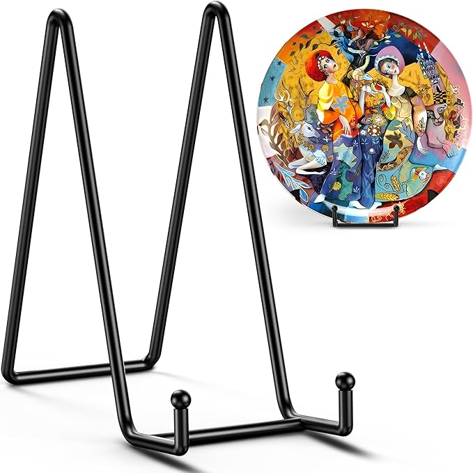 TR-LIFE 4 Pack 10 Inch Large Plate Stands for Display - Metal Plate Holder Stand + Picture Stand + Small Easels for Decorative Plate, Platter, Book, Plaques, Photo Frame, Tabletop Art
