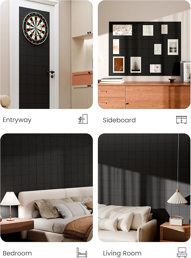 Bumusty Large Felt Bulletin Board, 48" x 36" Cork Board Alternative, 12-Pack Wall Tiles with 4-Compartment Design, 30 Push Pins, 70 Adhesive Tabs, Ideal for Office & Home Decor, Black