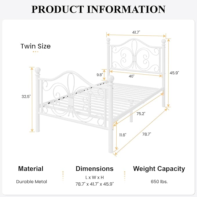SHA CERLIN Twin Size Bed Frame for Kids,Metal Bed Frame with Butterfly Pattern Design Headboard & Footboard,No Box Spring Needed,Easy Assembly,White