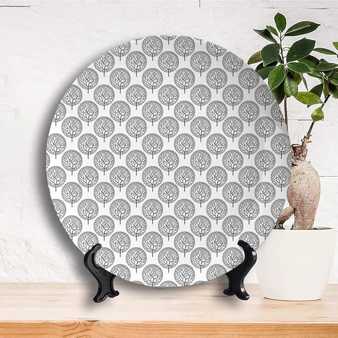 Decorative Plates, Floral Print Ornament, Tree Pattern with Leaves Inside Circles Monochrome Mother, 6 Inch, 1 Plate with 1 Display Stand, Grey White