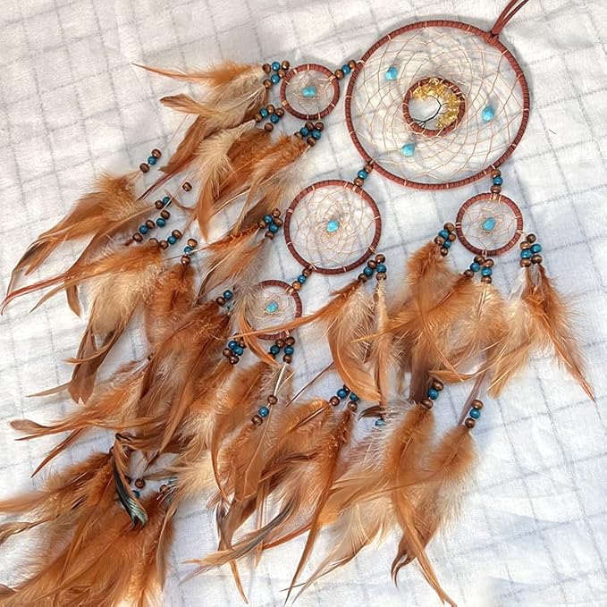 Pretty Jolly Brown Feather Dream Catchers Wall Decor with Chakras Tree of Life Crystal Stone Ornament Handmade Dreamcatchers for Adult Boys Girls Bedroom Dorm Party Birthday Blessing Gift-5Rings
