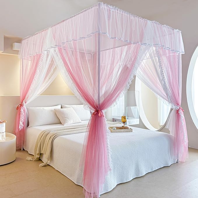 AIKASY 4 Corners Post Ruffle Princess Bed Canopy Curtain - Double Layer Cozy Drape Netting with 4 Openings - Elegant Mosquito Net for Girls and Adults Bedroom Decoration (Pink, Twin)