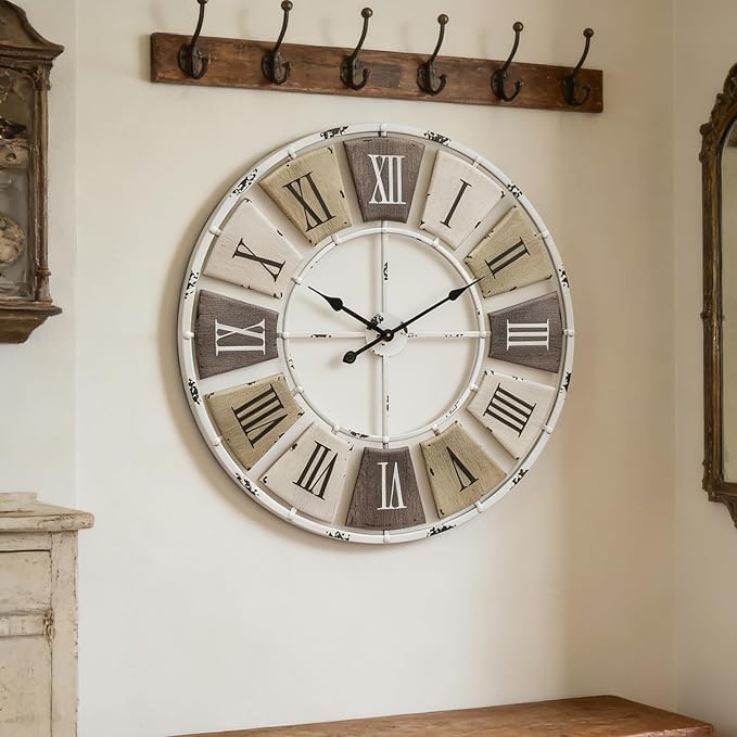 Distressed Metal Wall Clock 32 Inch, Industrial Vintage Roman Numerals, Weathered Iron Frame Farmhouse Office Cafe Decor