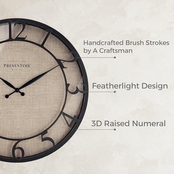 Presentime & Co 21" Farmhouse Series Wall Clock, Cottage Style, Faux Burlap, Oil Rubbed Antique Bronze Finish. Wall Décor for Living Room, Dining Room, and entryway.
