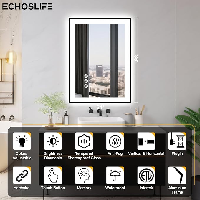 24x36 LED Bathroom Mirrors for Wall -Black Aluminum Framed (Front and Backlit), Anti-Fog Vanity Mirror with Lights,Stepless Dimmable Lighted, 3 Colors Smart Mirror(Horizontal/Vertical)