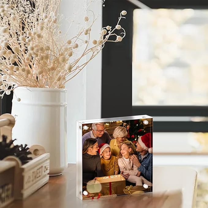 Acrylic Picture Frame 7x7, Clear Double Sided Frameless Photo Frame with Magnetic, Free Standing Desktop Acrylic Frame Display, Lucite Frame with Gift Box Package - 1 Pack