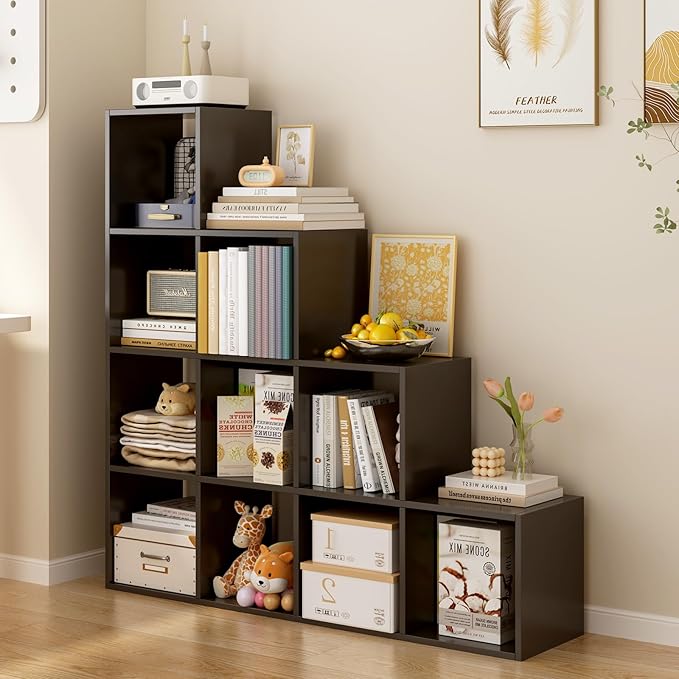 Ladder Cube Storage Bookcase - Wooden L-Shaped 4-Tier Corner Shelf, Reversible 10-Cube Organizer for Home & Office, Black